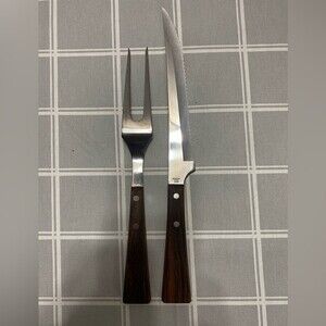 Vtg MCM Burnco Steak & Rib Set Knife Fork Carving Wood Handles Dinner Service